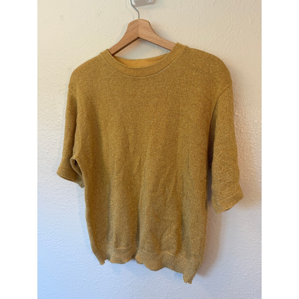 Alfred Dunner Vintage Gold Metallic Short Sleeve Sweater Lurex Knit Large USA